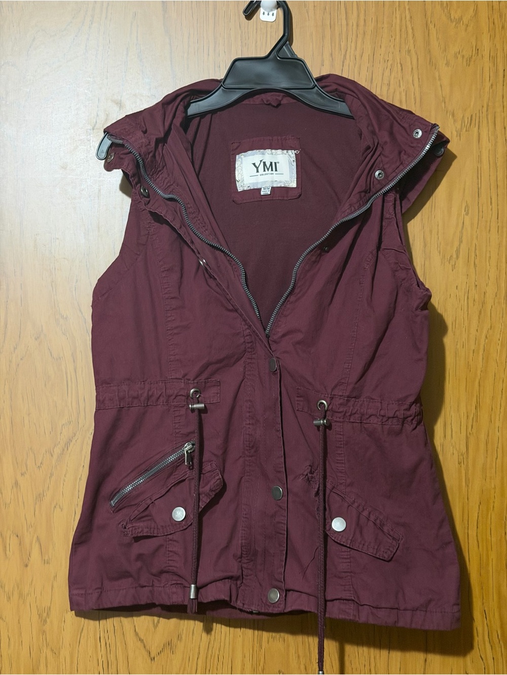YMI Women's Hooded Utility Vest in Maroon